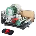 Dish Drying Rack, Large Capacity Dish Rack, 2 Tier Stainless Steel Dish Racks with Drain Board for Kitchen Counter, Dishes Drying Rack with Wine Glass, Utensil, Cutting Board Holder and Dryer Mat