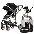 3 in 1 Baby Travel System Pushchair Baby Stroller Portable Travel Baby Carriage Folding Baby Prams Aluminium Frame High Landscape Car for Newborn Babyboomer Poussette (Black Gold 739)