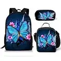 Coloranimal 3 PCS/Ensemble de sac à dos d'école pour enfants avec refroidisseur isolé thermique Pochette fourre-tout à déjeuner chaud à glissière Porte-crayons en toile Conception de papillon de