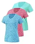 Cosy Pyro 3 Pack Women's Short Sleeve Dry Fit T-Shirts Moisture Wicking Athletic V-Neck Gym Tee Exercise Yoga Tops Azure/Rose/Blue XL