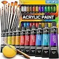 Complete Acrylic Paint Set – 24х Rich Pigment Colors – 12x Art Brushes with Bonus Paint Art Knife & Sponge – for Painting Canvas, Clay, Ceramic & Crafts, Non-Toxic & Quick Dry – for Kids & Everyone!