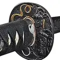 Handmade Sword - Japanese Samurai Wakizashi Swords, Practical, Hand Forged, 1045 Carbon Steel, Heat Tempered, Full Tang, Sharp, Fudo Myoo Tsuba, Engraving on The Blade, Red/Black Wooden Scabbard