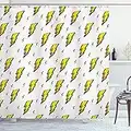 Ambesonne Vintage Decor Collection, Retro Flash Icônes électriques avec damier Funky Lines Météo Batman Boom Pop Art BD, Polyester Rideau de douche Salle de bain 190 cm de long, Blanc Jaune