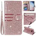 Jorisa Coque pour Samsung Galaxy S10e,Paillettes Or Rose Étui en Cuir PU Portefeuille Souple Slim à Rabat Housse avec Porte-Cartes,Fermeture Magnétique,Fonction Support,Portable Dragonne