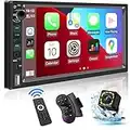 Double Din Car Stereo Compatible with Voice Control Apple Carplay&Android Auto-7 Inch HD LCD Touchscreen Monitor,Mirror Link,Subwoofer,Backup Camera,Bluetooth,AM/FM Car Radio,USB/TF/AUX Port,SWC,Gifts