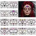 URAQT Halloween Tatouages Temporaires pour visage, 12 Feuilles Brillent Dans Noir Tatouage Ephemere, Terreur Crâne mort Sourire de Clown Squelette Autocollant pour Adulte Enfants Halloween Maquillage