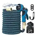 Quathech Hose Garden Expandable Hose FT100, Durable Flexible Rubber Water Hose,9 Function Spray Hose Nozzle, 3/4" Solid Brass Connectors, Extra Strength Fabric, Lightweight Expanding Irrigation Hose (Blue-black FT100)