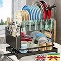 Dish Drying Rack,Dish Rack for Kitchen Counter,2 Tier Large Dish Drying Rack with Drainboard Stainless Steel Dish Drainer with Drainage Utensil Holder for Dish/Knifes/Cup/Cutting Board(16*11*12.5 IN)