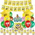 Bob L'éponge Anniversaire Décoration 46 Pcs,Spongebob Ballons Déco,Ballons en Aluminium,Spongebob Cupcake Topper,Ballon en Latex,Spongebob Anniversaire Bannière,pour Anniversaires de Garçons Filles