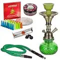 Chicha Kit Complet Narguile Ensemble Pack Charbon Kit Embouts Deux Tuyaux Bol en Verre Feuilles Aluminium Goût Shiazo Narguilé Royal (Vert 1) DON PABLO SHISHA WORLD