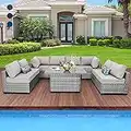 Rattaner 9-Piece Outdoor Sectional Wicker Furniture Set Patio Furniture Conversation Couch Set Storage Glass Table with Thicken(5") Anti-Slip Grey Cushions Furniture Cover
