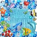 YinQin 176 PCS Blue Ocean Birthday Party Decorations with Balloon Pump, Ribbon Dot Glue Under the Sea Happy Birthday Balloons Set Baby Shark Balloons Fish Birthday Decorations for Kids (Blue)