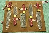 5 Pieces Damascus Steel Hammered Kitchen Knife Set, Custom Made Hand Forged Damascus Steel Full Tang Blade, Overall 54 inches Length of Hammered Damascus Sharp Knives, Cow Hide Suede Leather Sheath