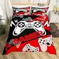 Juego de Funda de edredón para niños niñas Doble Juego de Ropa Cama de Juegos para niños Adolescentes jóvenes decoración Sala de Videojuegos Funda edredón Reversible Rojo y Negro 2 Fundas de Almohada