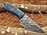 6.5" Long Hand Forged Damascus Steel Compact Skinning Knife, 3" Drop Point Full Tang Blade, Natural Camel Bone Scale, Cow Hide Leather Sheath with Belt Loop (Blue)