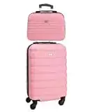 David Jones - Set Valise Cabine + Mallette Vanity - Bagage à Main Avion 55x35x20 Coque Rigide Légère Matière ABS - Trolley 4 Roues Fermeture Serrure TSA - Sac Reporter Voyage Ryanair Easyjet - Rose