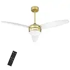 YOUKAIN Modern Ceiling Fan, 52 Inch Gold Ceiling Fan with Light and Remote Control, LED Ceiling Fan with 3 White Blades for Living Room, Bedroom, Bathroom, 52-YJ273-WH