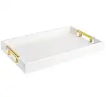 Modern Elegant 18"x12" Rectangle White Glossy Shagreen Decorative Ottoman Coffee Table Perfume Living Room Kitchen Serving Tray with Gold Polished Metal Handles by Home Redefined for All Occasion's