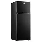 Upstreman 4.0 Cu.Ft Compact Refrigerator with Freezer, Large Capacity Double Door Mini Fridge for Dorm, Office, Bedroom,Adjustable Thermostat, Black-BR401