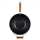 Ken Hom Carbon Steel Non-Stick Wok, 35cm, Classic, Stir-Fry Pan, Wooden Handle, Flat Base, Includes 1 x Chinese Wok Pan, Non-Induction, KH335001