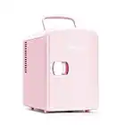 AstroAI Mini Refrigerador, Mini Nevera Portátil para el Skincare 4L 6 Latas de Refrescos, Mini Neveras 220V/12V para Enfriar y Calentar (Rosa)