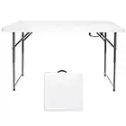 Go-Trio 4 Foot Folding Table Adjustable Height, 4ft Foldable Portable Plastic Small Card Table with Handle, Sewing Party Picnic Dining Camping Table for Indoor Outdoors, Mesas para Fiestas, White