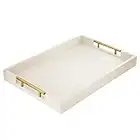 17" x 12" Wood Serving Tray with Gold Polished Metal Handles, Home Decorative Wooden Rectangle Ottoman Decor Platter Bathroom Vanity Tray for All Occasions White