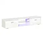 HOMCOM Meuble TV LED Style Contemporain - 2 placards Porte abattante, étagère Verre - Panneaux Particules MDF Blanc laqué