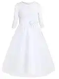 iEFiEL Kinder Mädchen Kleider Festlich Halb Arm Blumenspitze Brautjungfern Kleid Lang Prinzessin Hochzeit Party Kleid Tüllkleid Weiß 140