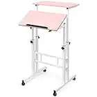 SIDUCAL Bureau debout mobile réglable avec roulettes pour ordinateur portable - Station de travail à la maison - Chariot pour ordinateur portable debout ou assis - Rose