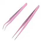 Sularpek 2 Pcs Tweezers, Eyebrow Tweezers, Eyelash Tweezers, Stainless Steel Straight and Curve Tip Tweezers, Ingrown Hair and Facial Hair Remover, for Craft, Makeup Tools (Pink)