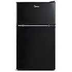 Midea WHD-113FB1 Double Door Mini Fridge With Freezer For Bedroom Office With Adjustable Legs Removable Glass Shelves Compact Refrigerator, 3.1 Cu Ft, Black