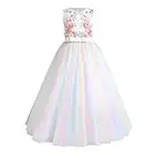 Vestito da Ragazza di Fiori Elegante Ricamo Floreale Tulle Tutu Principessa Damigella D'onore Matrimonio Compleanno Prima Comunione Sera A-Line Maxi Abito da Ballo Formale Arcobaleno-Bianca 13-14 Anni