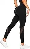 KUMAYES Damen Sports Leggings Hohe Taille Lange Sporthose Sportleggings mit Bauchkontrolle Yogahose Fitnesshose mit Taschen (L, Schwarz)