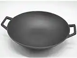 Vintage Gourmet ® Authentic Pre-Seasoned 35cm Diameter Cast Iron Large Deep Wok with Two Integral Handles, Flat Bottom Overall 42cm Wide -Shallow & Concave