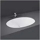 Lavabo sottopiano da incasso 57 x 42 cm, design ovale moderno in ceramica bianca lucida, COMPLETO di dima di taglio per riduzione su misura