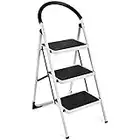 GIANTEX Escalera Plegable de 3 Raíles, con Capacidad para 150 kg, Plegable, con Barras de Seguridad, Antideslizante, 111 x 47 x 65 cm, Blanca