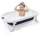 4-in-1 Foldable Baby Bathtub,Collapsible Baby Tub with Temperature Sensor,Waterproof Ear Cap for Infant and Soft Cushion included,White Blue