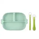 ACwiwil Plato + 2 cucharas para bebés Plato para niños con ventosa para niños pequeños, platos para niños de silicona, apto para la mayoría de mesas y sillas altas - Verde