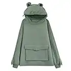 Women Cute Frog Hoodie Zipper Mouth Animal Shape Pullover Oversize Solid Color Sweatshirt with Large Front Pocket (Green, Numeric_6)