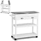 TANGZON Kitchen Island Trolley, Rolling Serving Cart with Stainless Steel Flip Worktop, 2 Drawers, Side Handle & Wheels, Utility Storage Shelves Organiser (85x42x82cm, with Flip Top, White)