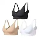 Comfyin Wireless Bras for Women Non Wired Seamless Bras with Removable Pads 3 Pack,Black+White+Beige,L