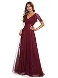 Ever-Pretty Robe de Demoiselle d'honneur Soirée Bal Col en V Manches Courtes A-Line Taille Empire Longue Tulle Femme Bordeaux 36