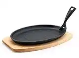 Fuji Merchandise Oval Shape Cast Iron Steak Plate Sizzle Griddle with Wooden Base Steak Pan Grill Fajita Server Plate Home or Restaurant