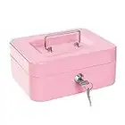 Cash Box with Lock and Money Tray, Petty Cash Box with Key, Small Lock Box for Money 7.87 x 6.3 x 3.54 Inches Pink