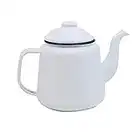 Enamel Teapot with Handle & Lid 14cm, 1.5L Traditional Serving Teapot Coffee Pot Jug Camping, White (White)