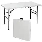 SUPER DEAL Portable 4 Foot Plastic Folding Table, Indoor Outdoor Heavy Duty Fold-in-Half Picnic Party Camping Barbecues Table with Carrying Handle, White
