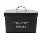 AuldHome Black Dishwasher Pod Holder, Tablet Container; Enamelware Kitchen Storage Tin with Lid