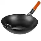 YOSUKATA Wok en acier au carbone - Wok chinois avec fond plat - Wok japonais traditionnel chinois - Wok noir pour cuisinière électrique, induction, gaz