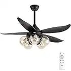 TCL 48" Black Ceiling Fan with Lights Remote Control, Classic Ceiling Fan with 5 glass lampshades for LED Edison Bulb, 5 Blades Noiseless Reversible Motor,6-Speed(Bulb not included)